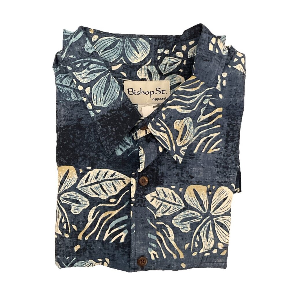 Men's BISHOP ST Apparel Cotton Aloha Tiki Floral Print Button Up Blue Shirt 3XL